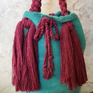 Wayuu handmade bag with large tassel solid colors mochila cyan violet